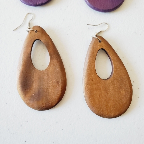 Two Pairs of Chunky Wooden Dangle Earrings Oversized Dangle Boho Retro - Picture 8 of 14